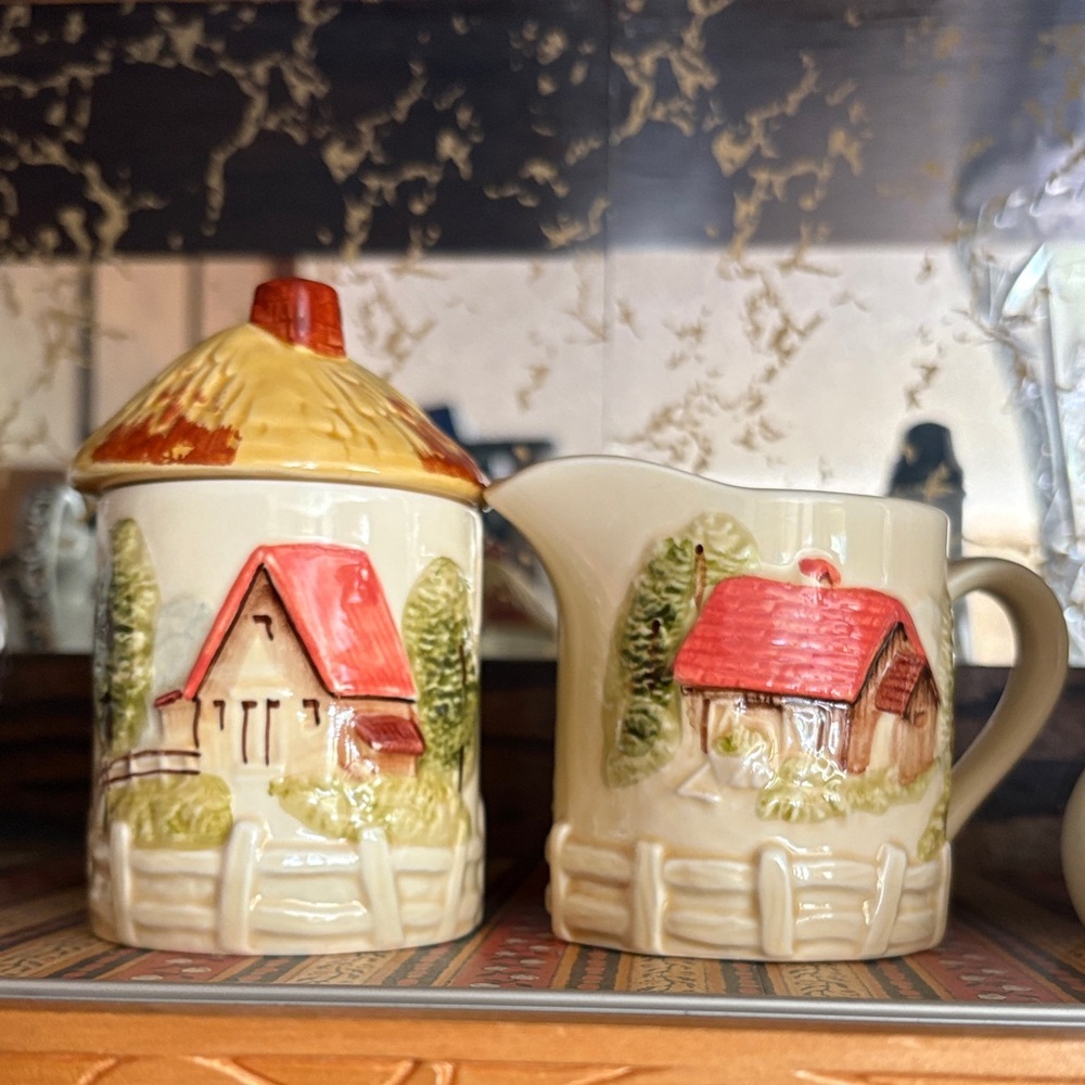 Ceramic Cottage Sugar and Creamer Set with Red Roof Accents